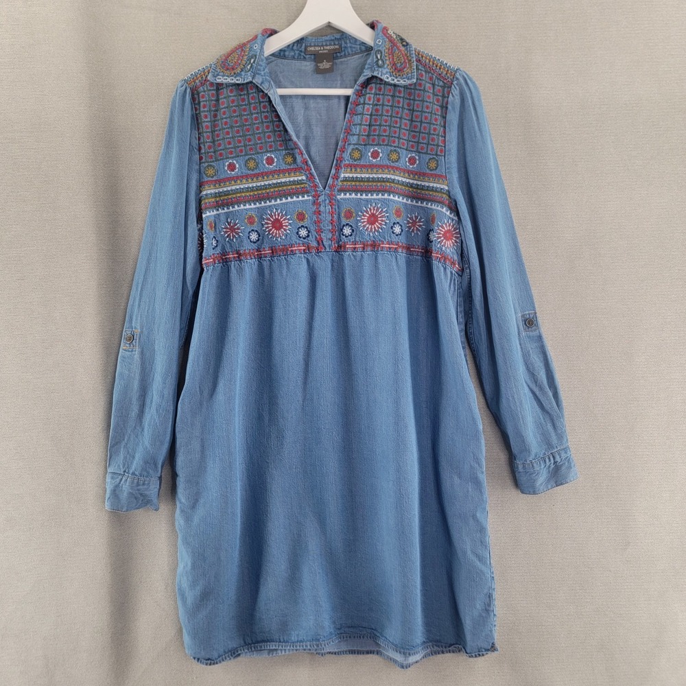 Chelsea & Theodore Embroidered Dress Boho Chambray Roll Tab Sleeve Womens Small